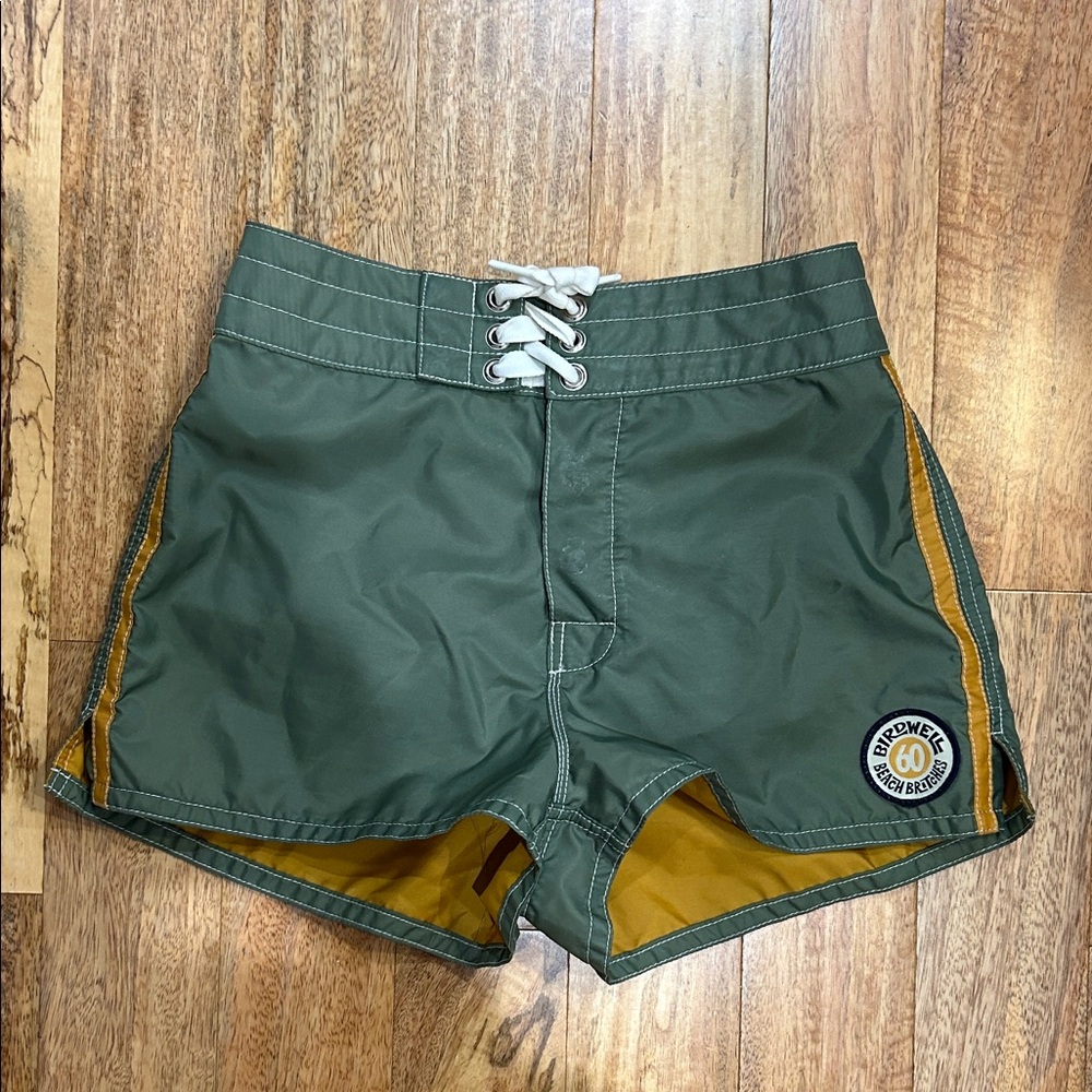 Limited edition Birdwell Olive and Mustard Lace-Up Women Retro Swim Shorts